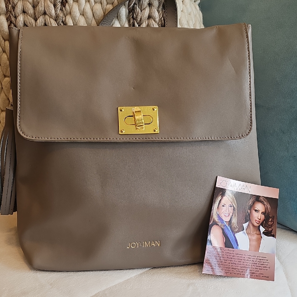 JOY & IMAN Gray Backpack with Gold Clasp